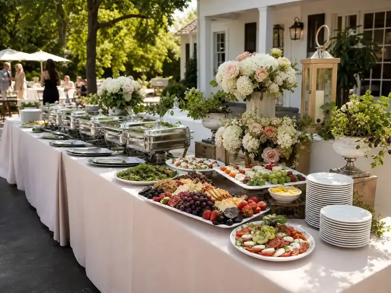 Oakland Catering Company outdoor wedding service with elegant buffet stations, stacked dinner plates, greenery, and seasonal flowers.